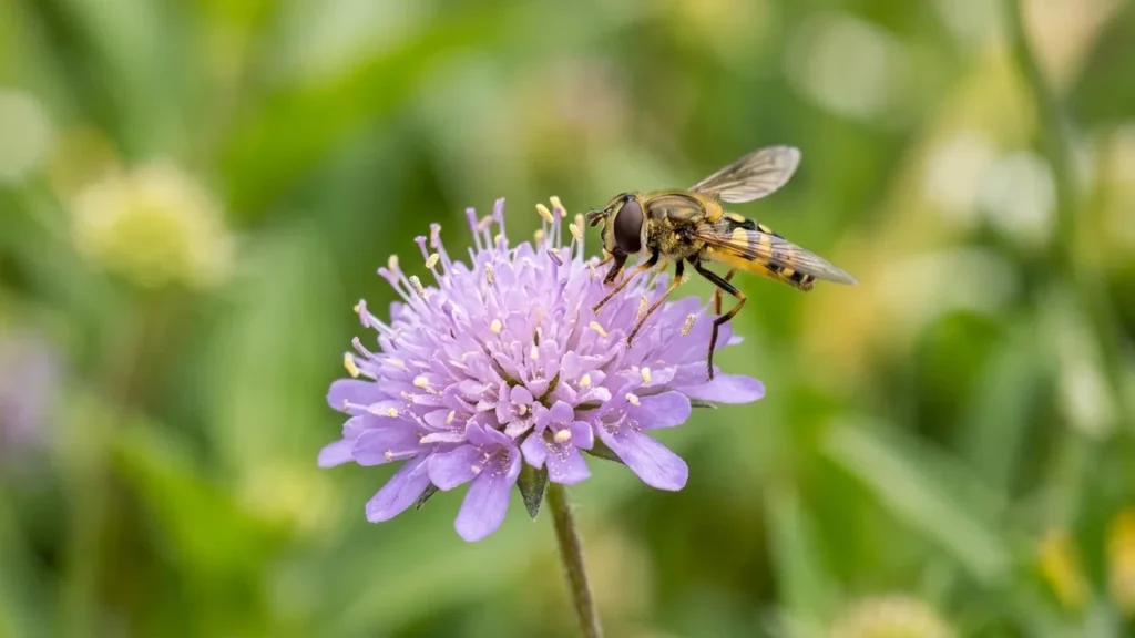 Un syrphe rayé de jaune et noir butinant une fleur mauve sur fond vert flou.