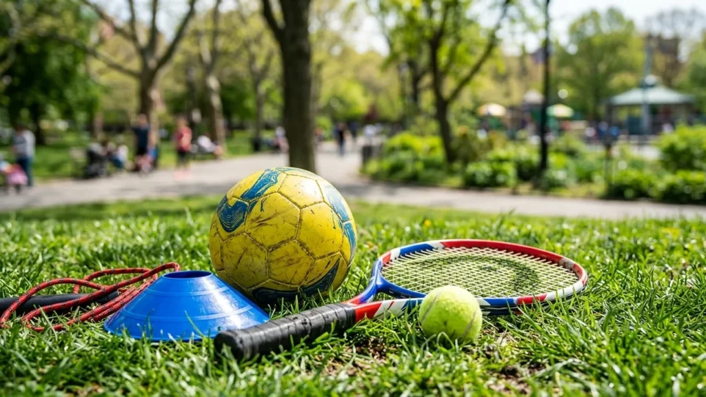Un ballon jaune, une raquette, une balle de tennis et un cône bleu sur l'herbe.