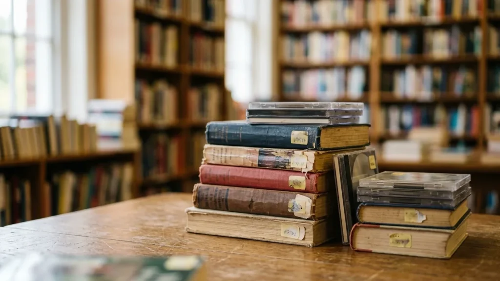 Une pile de vieux livres et des boîtiers de CD sur une table en bois.