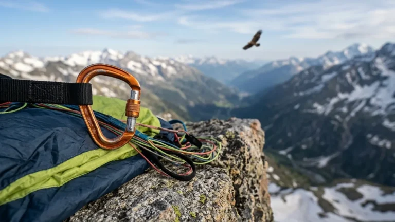 Un mousqueton d'escalade orange posé sur un rocher devant des montagnes enneigées et un oiseau.