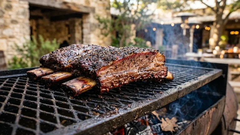 De grosses côtes de bœuf fumées et épicées cuisent sur une grille de barbecue extérieure.