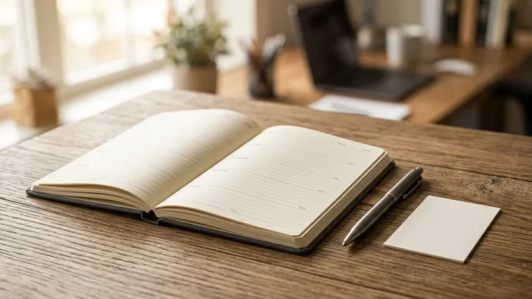 Un agenda ouvert posé sur un bureau en bois avec un stylo et carte.
