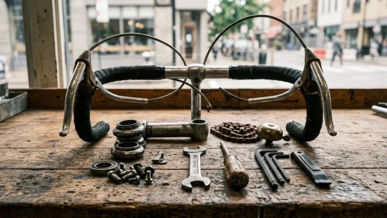 Guidon de vélo, outils et composants mécaniques éparpillés sur un établi en bois usé.