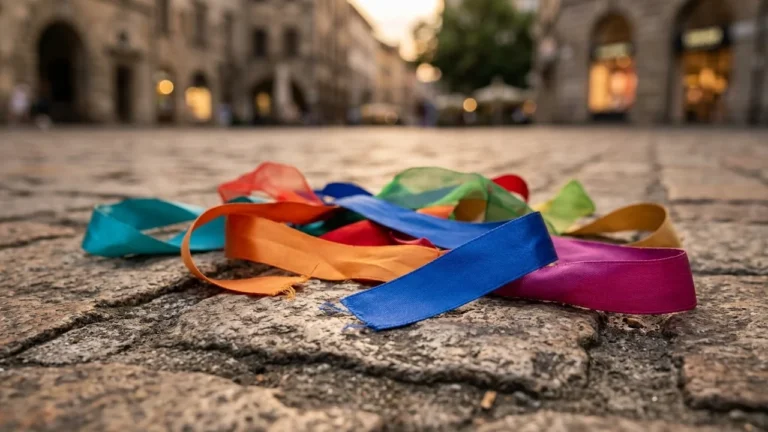 Plusieurs rubans colorés aux couleurs de l'arc-en-ciel éparpillés sur le sol pavé d'une rue.