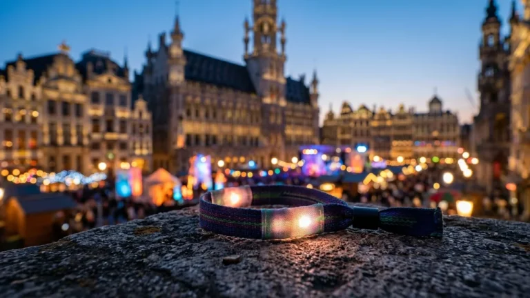 Un bracelet lumineux posé sur un muret avec la Grand-Place de Bruxelles en arrière-plan.