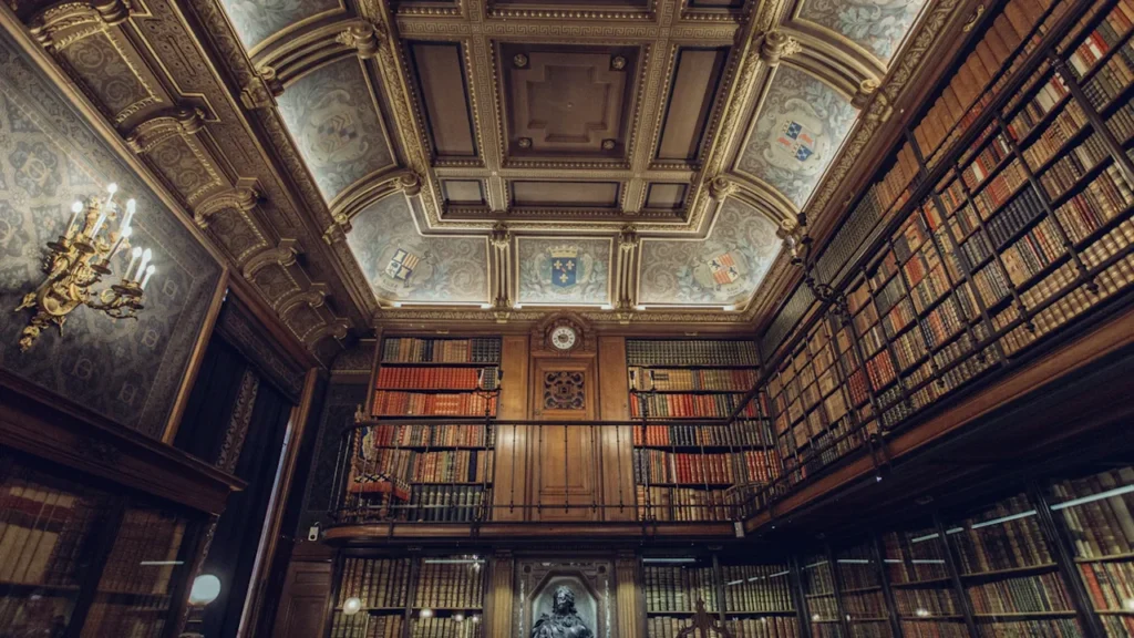 Vue intérieure majestueuse d'une bibliothèque patrimoniale française aux plafonds richement ornés.