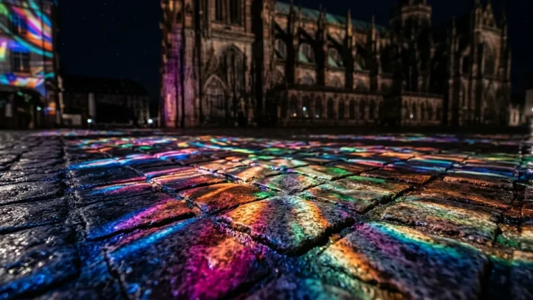 Pavés humides reflétant des lumières colorées vives devant une cathédrale gothique sombre la nuit.