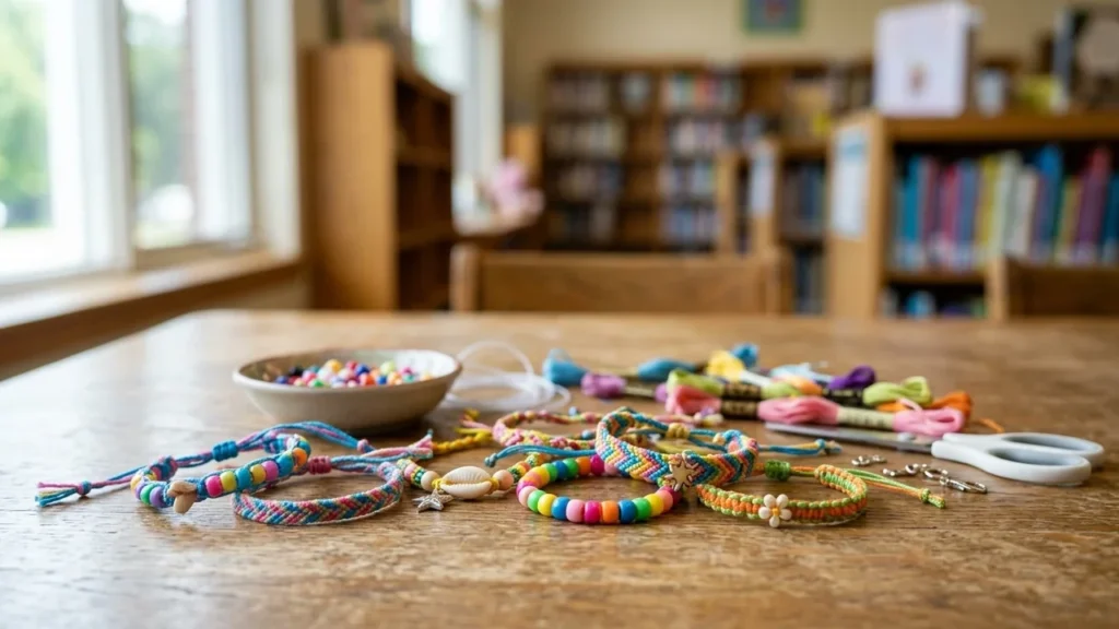 Plusieurs bracelets colorés faits à la main disposés sur une table en bois clair.