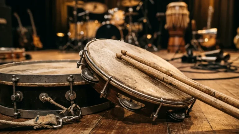 Un tambour avec deux baguettes posées dessus sur une scène de concert floue.