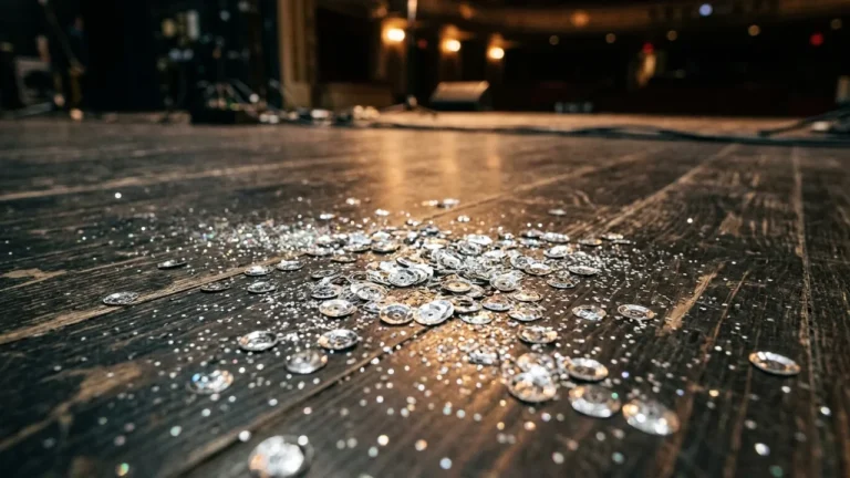 Des paillettes argentées éparpillées sur le plancher en bois sombre d'une scène de théâtre.
