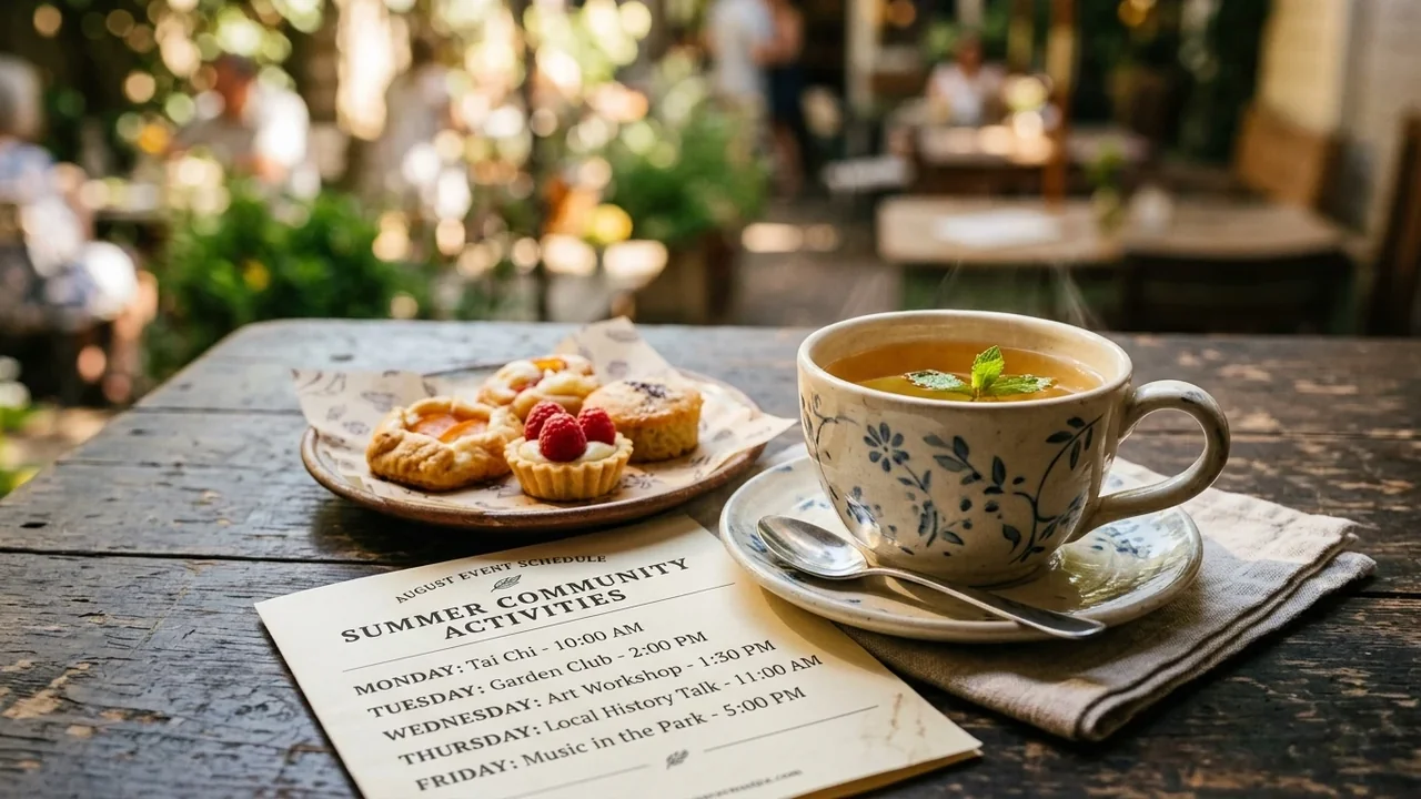 Une tasse de thé fumante et des pâtisseries posées sur un programme d'activités communautaires estivales.