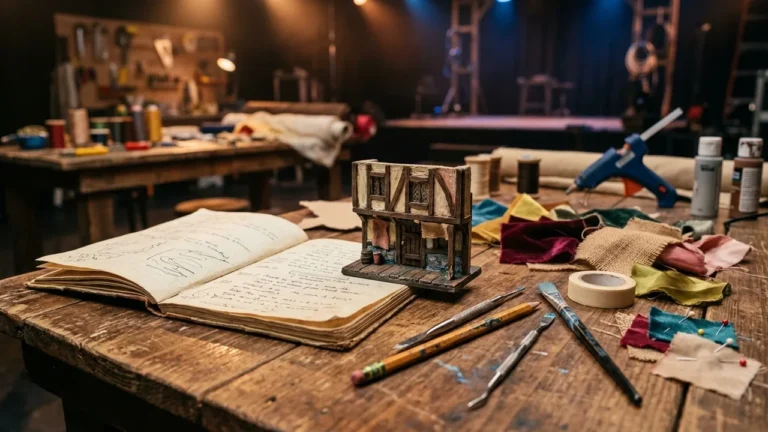 Une maquette miniature de boutique sur une table de travail encombrée d'outils et tissus.