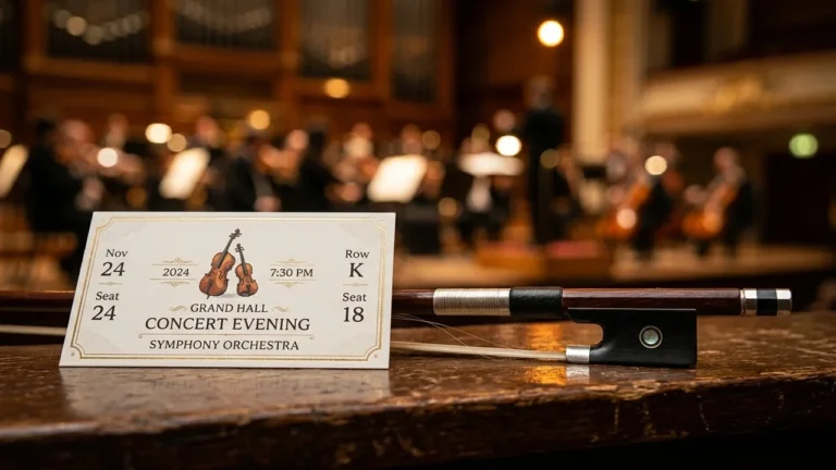 Un billet de concert posé sur un pupitre en bois devant un orchestre symphonique flou.