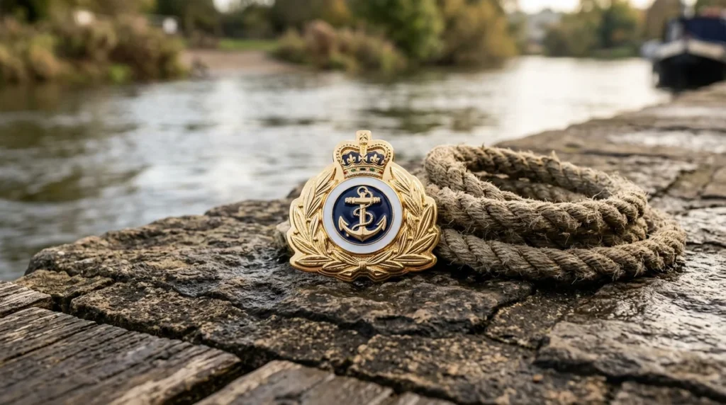 Un insigne doré de la Royal Navy posé sur un quai en pierre bordant une rivière.