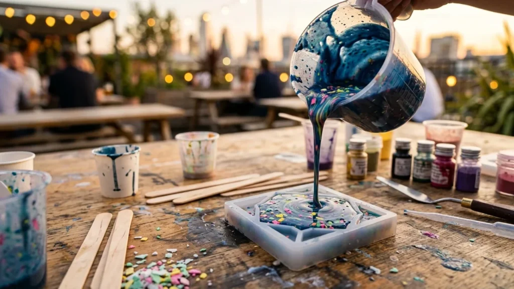 Une main verse de la résine bleue avec des paillettes dans un moule en silicone.