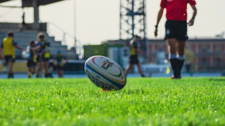 Ballon de rugby posé sur une pelouse lors d'un match compétitif.