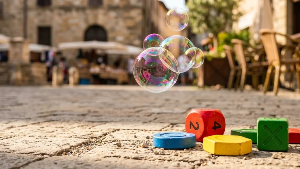 Des bulles de savon flottent au-dessus de jouets colorés sur une place pavée ancienne.