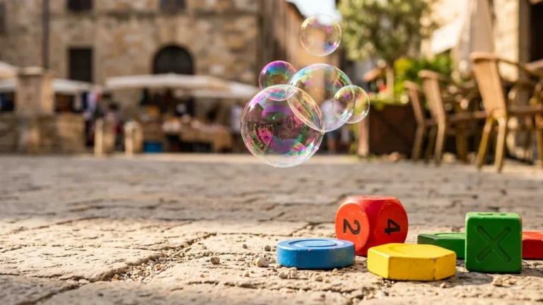 Des bulles de savon flottent au-dessus de jouets colorés sur une place pavée ancienne.