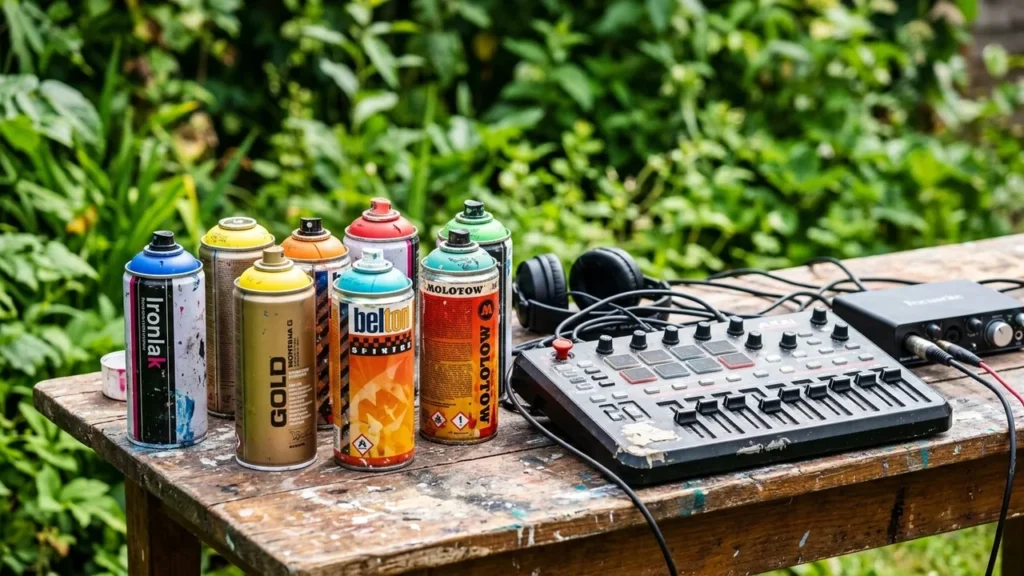 Bombes de peinture graffiti colorées et table de mixage audio posées sur une table en bois.