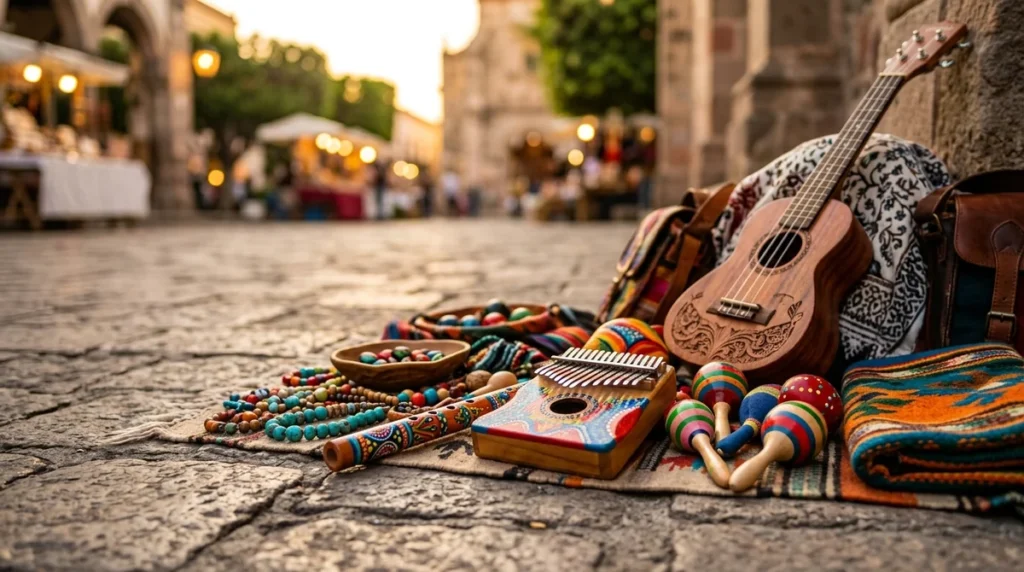 Un ukulélé, une kalimba et des maracas colorés posés sur un tapis en pierre.