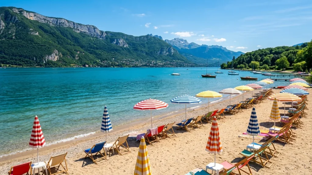 Plage de sable avec des parasols colorés et des chaises longues face aux Alpes.
