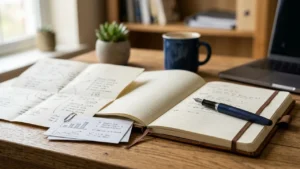 Cahier ouvert avec un stylo plume, des notes manuscrites et un ordinateur sur bureau.