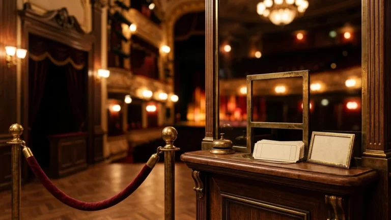 Guichet en bois avec des billets, devant une salle de spectacle élégante et lumineuse.