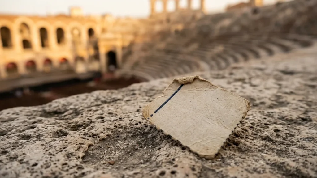 Un petit morceau de papier posé sur une pierre ancienne devant un amphithéâtre romain.