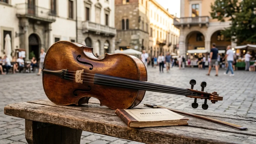 Un violoncelle en bois avec un archet et une partition Mozart sur un banc public.
