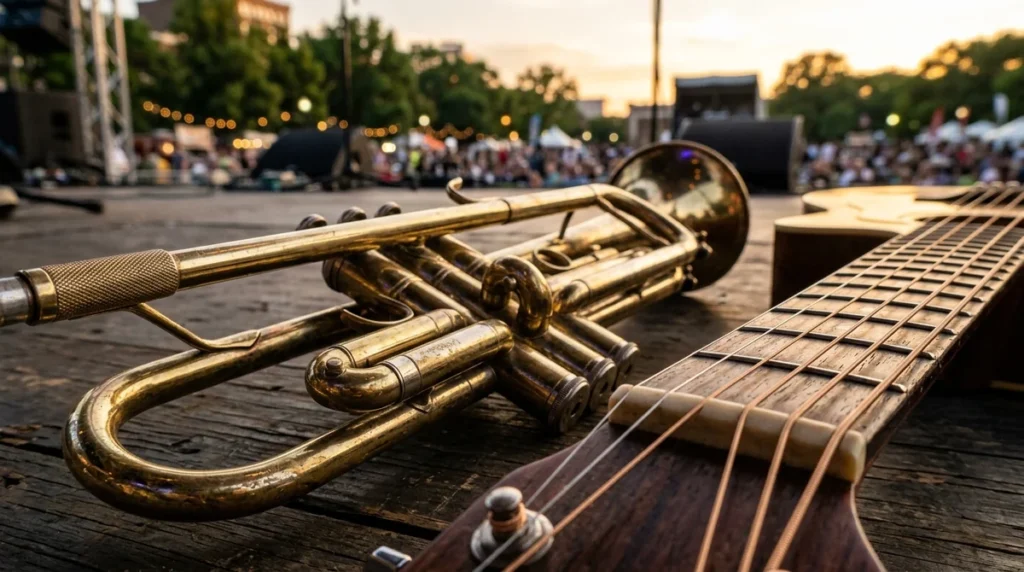 Une trompette dorée et une guitare acoustique posées sur une scène lors d'un festival.