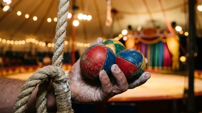 Une main couverte de magnésie tient trois balles de jonglage multicolores sous un chapiteau.