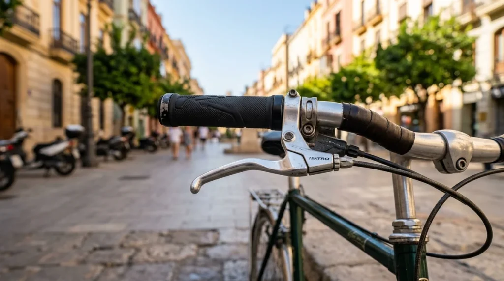 Vue rapprochée du guidon d'un vélo vert stationné dans une rue piétonne ensoleillée.
