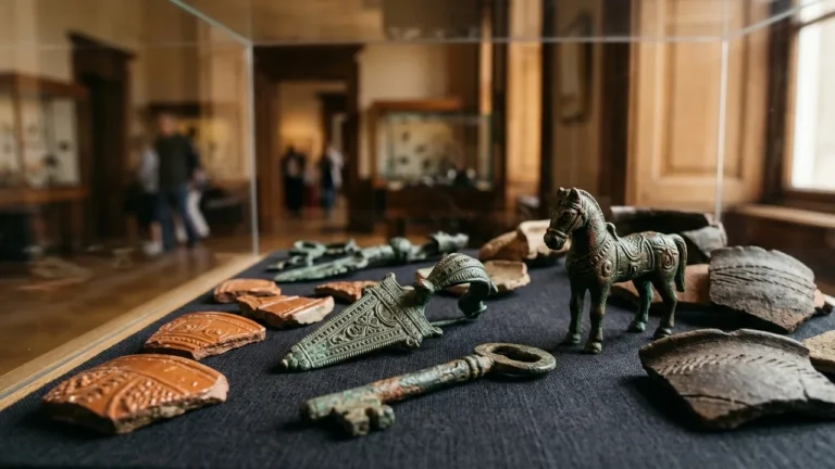 Une vitrine de musée présentant des objets antiques en bronze, dont une figurine de cheval.