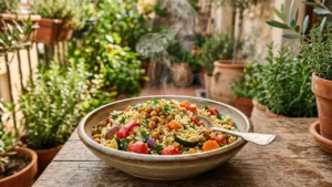 Un bol de couscous fumant avec des pois chiches et des légumes frais sur table.
