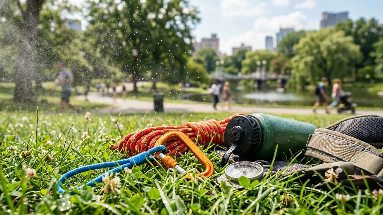 Équipement de randonnée incluant corde, mousqueton et gourde posé sur l'herbe d'un parc urbain.
