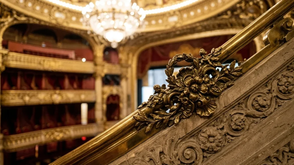Gros plan sur une rampe d'escalier ornementée dans un théâtre richement décoré.