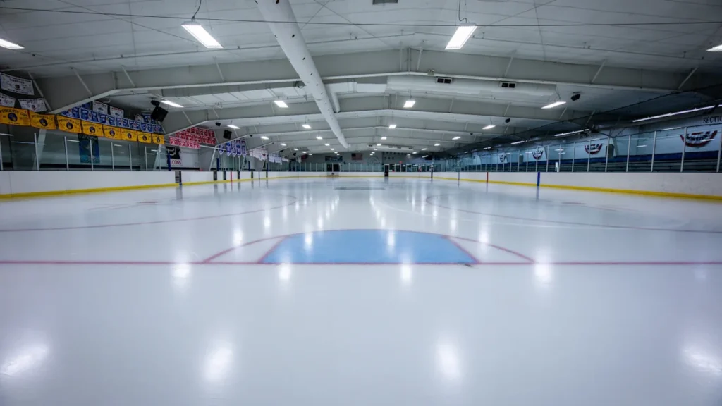 Une patinoire intérieure vide prête pour les futurs événements sportifs des Jeux Olympiques.