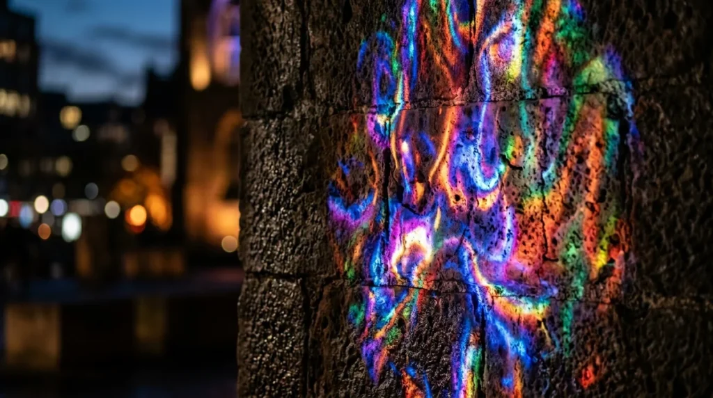 Reflets lumineux et colorés projetés sur la surface irrégulière d'un vieux mur en pierre.