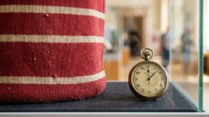 Un chronomètre ancien posé devant un tissu rayé rouge et blanc dans une vitrine.