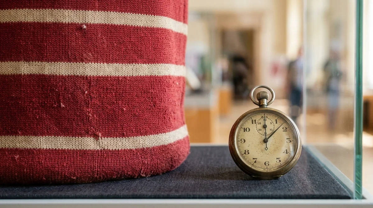 Un chronomètre ancien posé devant un tissu rayé rouge et blanc dans une vitrine.