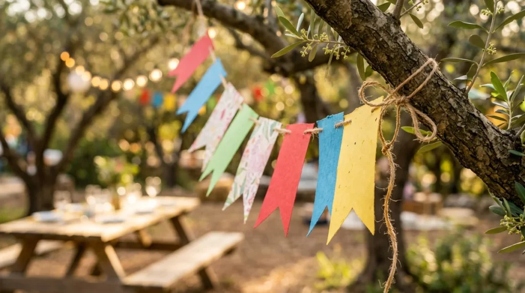 Guirlande de fanions colorés accrochée à la branche d'un olivier dans un jardin festif.