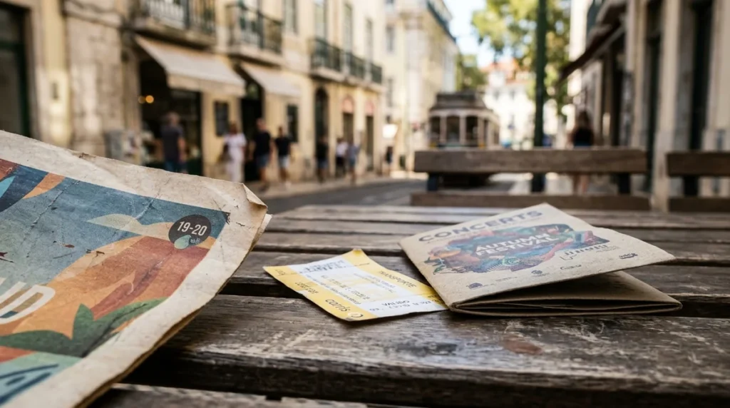 Un journal, un ticket de transport et un programme de concerts sur une table.