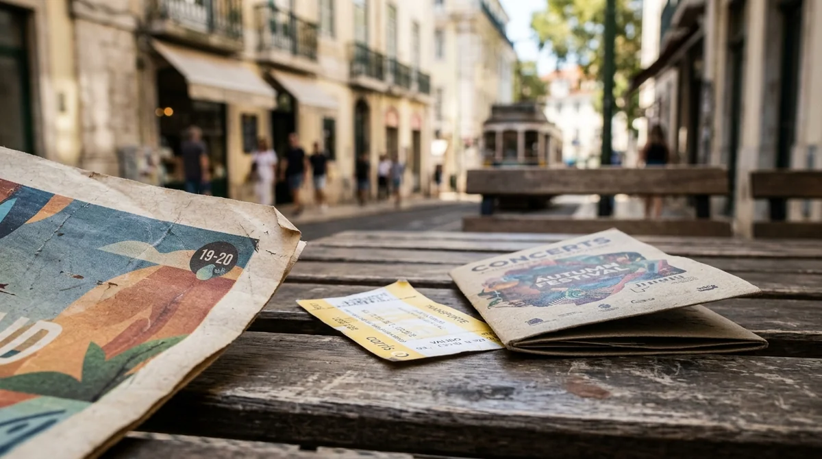 Un journal, un ticket de transport et un programme de concerts sur une table.