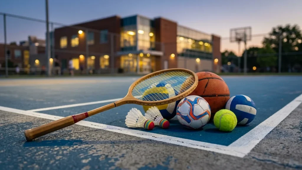 Une raquette de badminton avec divers ballons de sport posés sur un terrain extérieur.