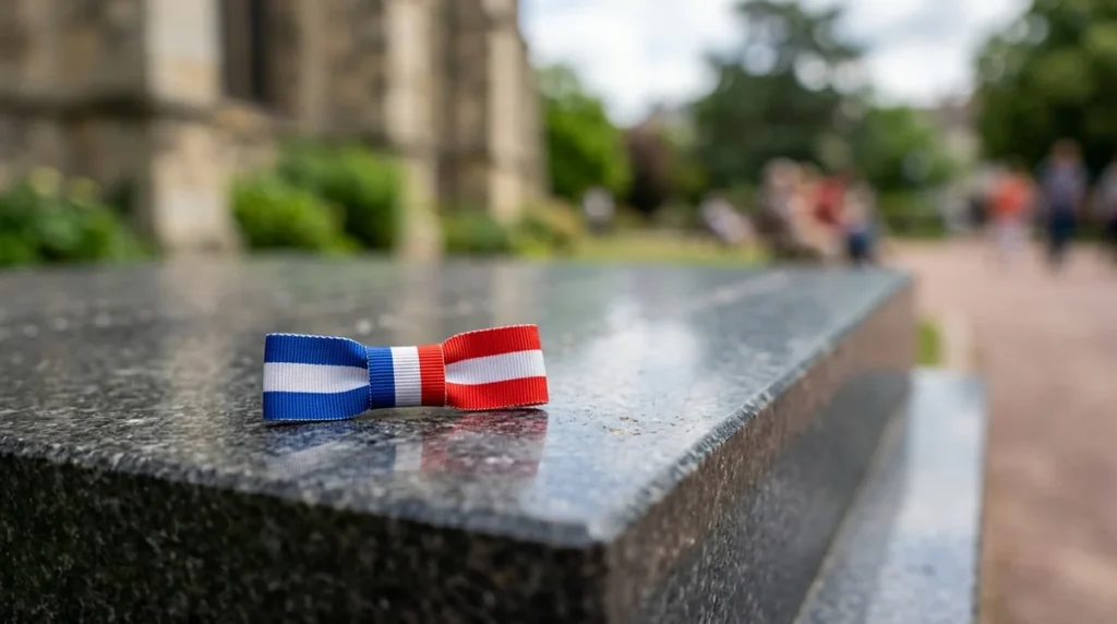 Un ruban tricolore bleu, blanc et rouge posé sur une surface en granit noir.