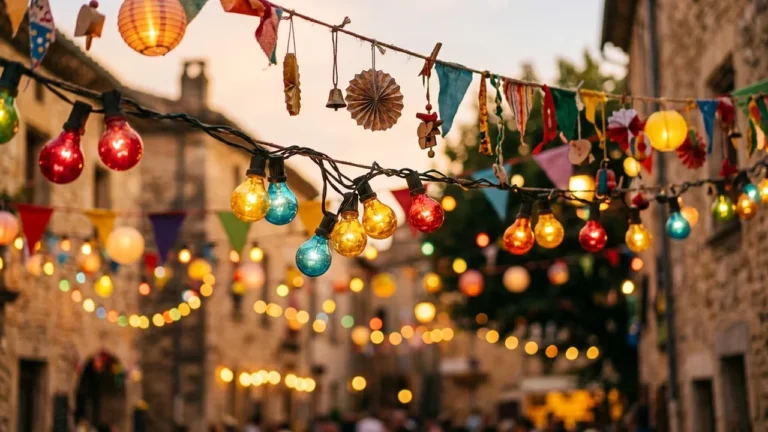 Guirlandes lumineuses multicolores et fanions suspendus au-dessus d'une ruelle en pierre lors d'une fête.