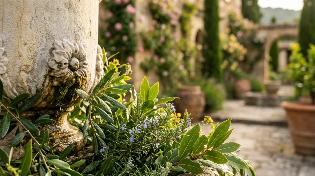 Gros plan sur une vasque en pierre ancienne entourée d'herbes aromatiques dans un jardin.