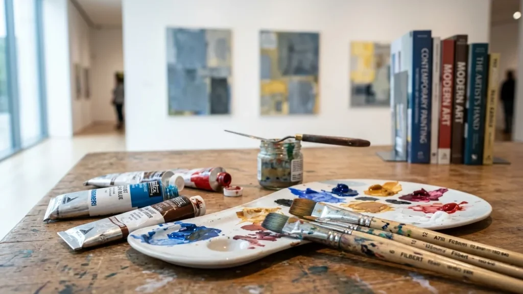 Une palette de peintre avec des pinceaux sur une table devant des tableaux abstraits flous.
