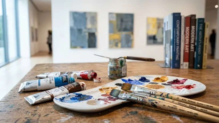 Une palette de peintre avec des pinceaux sur une table devant des tableaux abstraits flous.