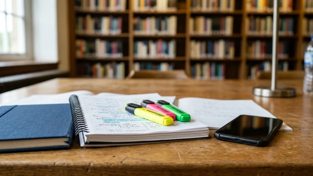 Cahier ouvert, surligneurs colorés et smartphone posés sur une table en bois en bibliothèque.